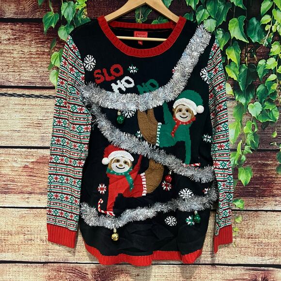 Joyland Ugly Christmas Sweater Party Large Sloth Slo HoHo Santa Bells Crewneck - Picture 1 of 5